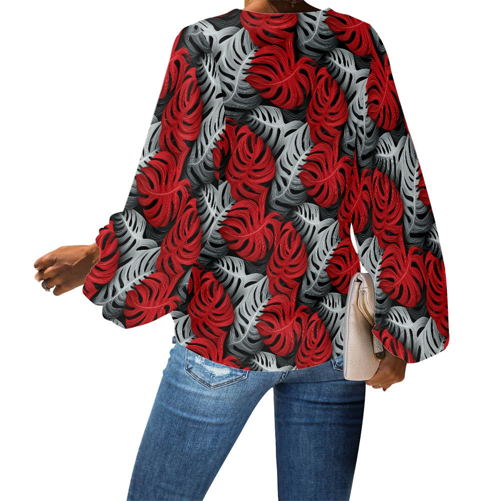 Tropical Red and Gray Monstera V-Neck Chiffon Puff Sleeve Blouse by Luxtrini
