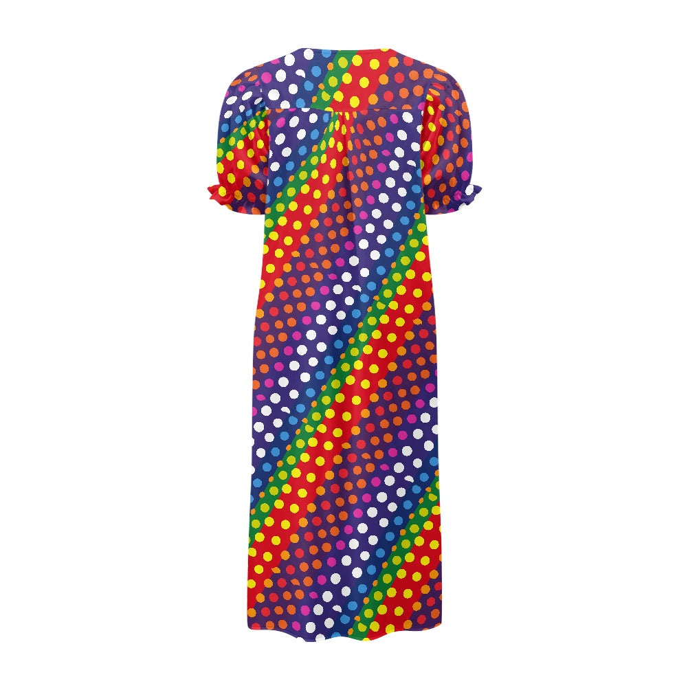 LGBTQ-Friendly Rainbow Polka Dot Elegant Loose-Fit Maxi Dress with Half Puff Sleeves, Button-Down Front, and Gathered Yoke – Perfect for Summer by Luxtrini