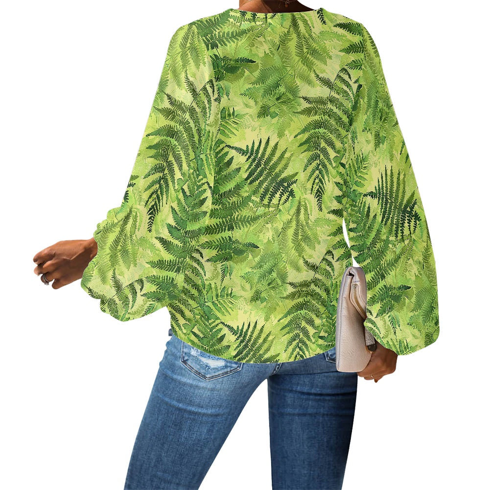 Palapalai V-Neck Women Puff Sleeve Chiffon Blouse