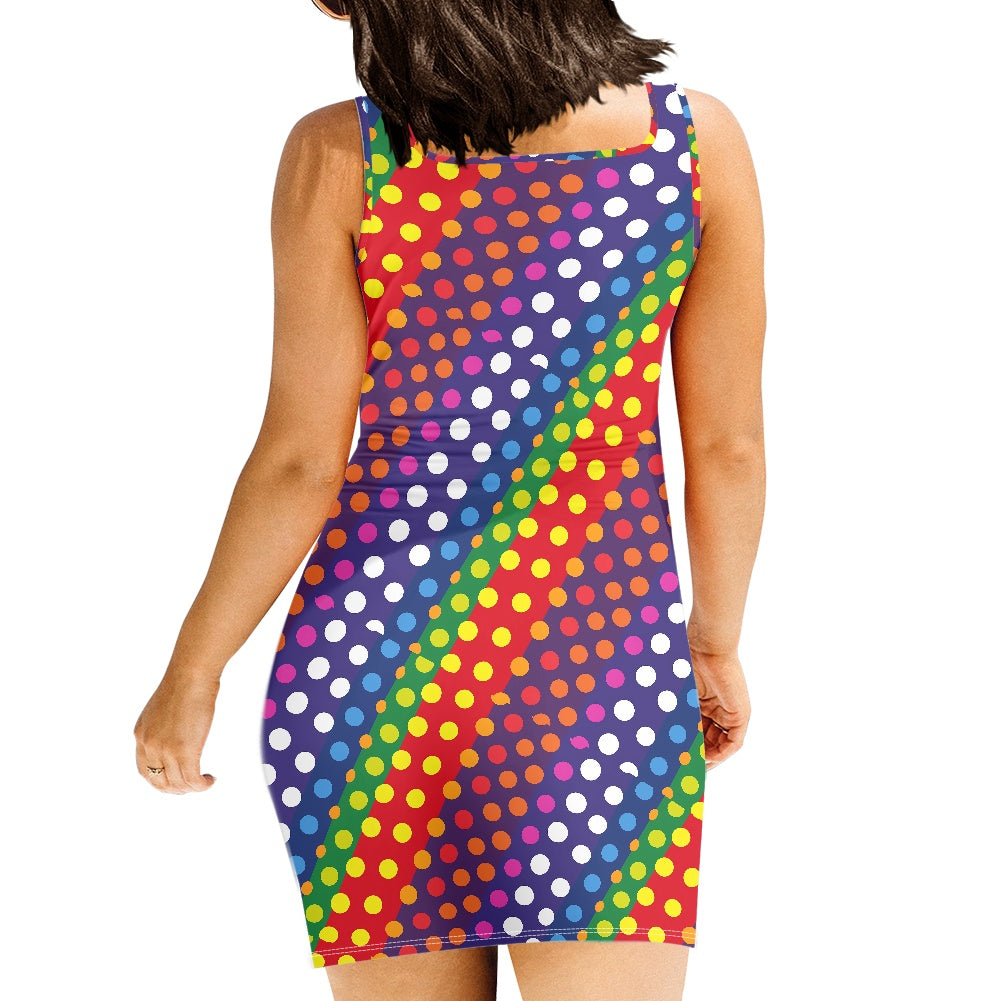 LGBTQ-Friendly Rainbow Polka Dot Flattering Sleeveless Bodycon Mini Dress with Square Neckline – Perfect for Casual and Confident Night Out Looks by Luxtrini