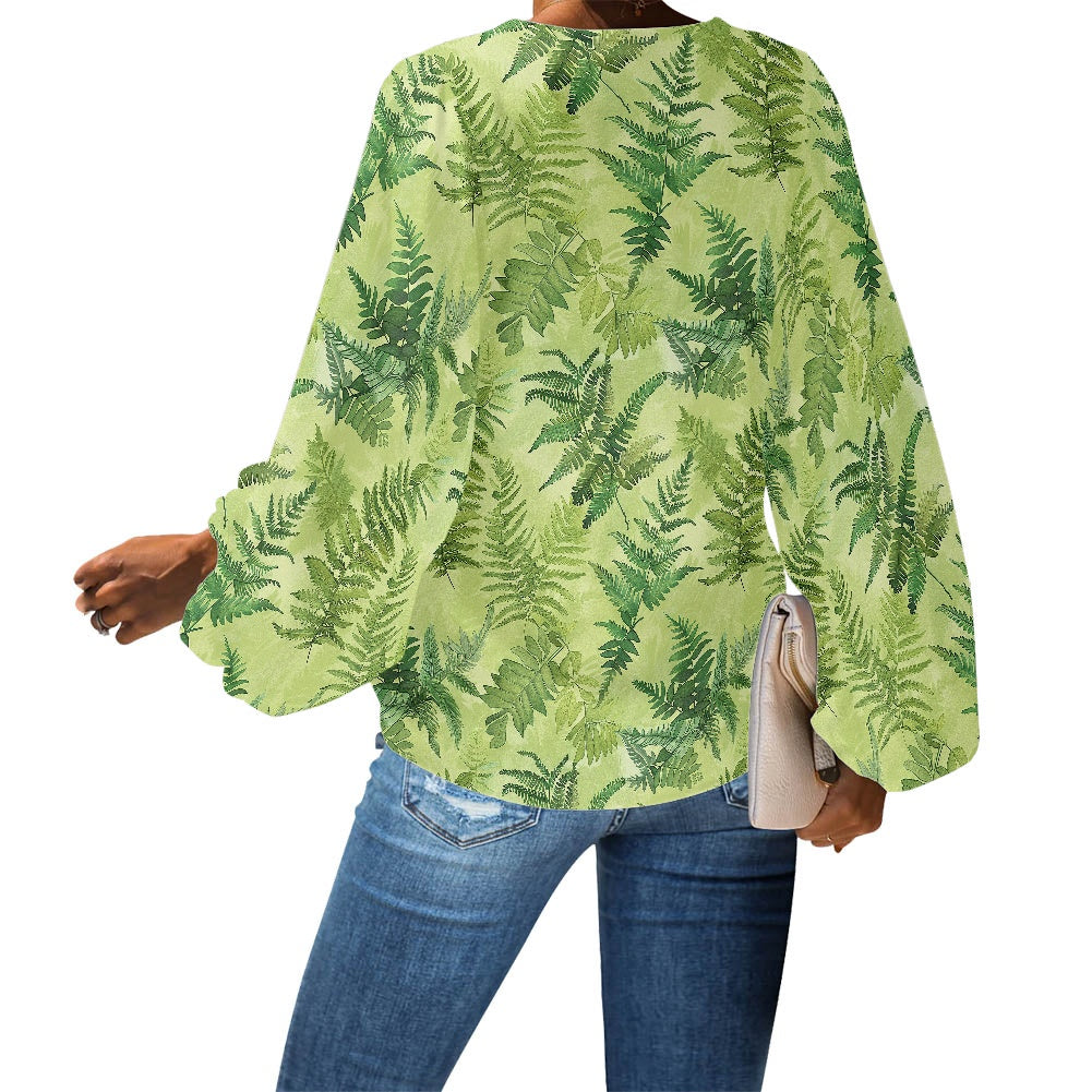 Palapalai V-Neck Women Puff Sleeve Chiffon Blouse