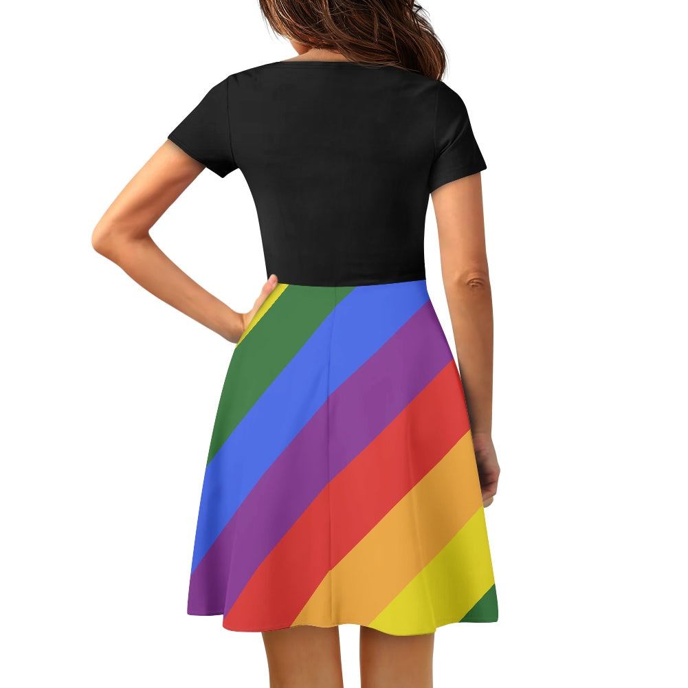 Rainbow Women short Sleeve Black Ruffle Dress