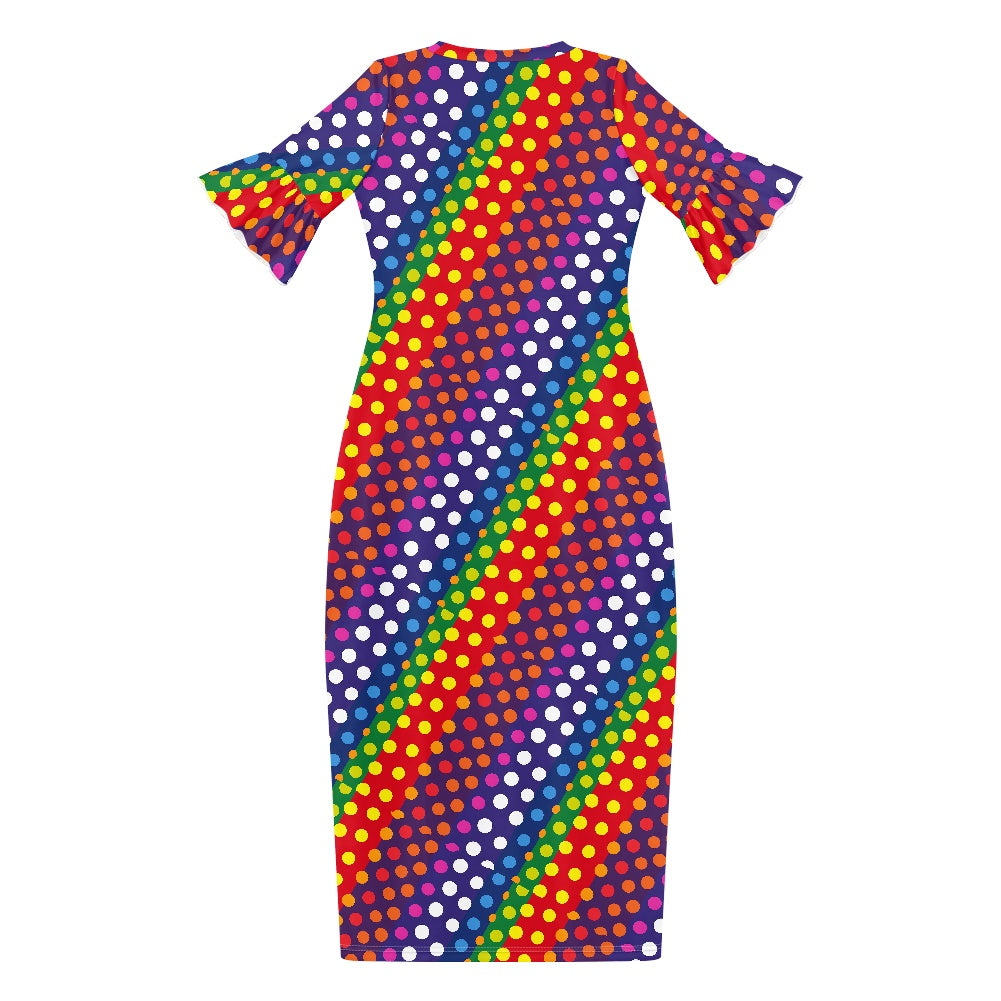 LGBTQ-Friendly Rainbow Polka Dot Stylish Scoop Neck Ankle-Length Dress with Unique Ruffled Sleeves for Women by Luxtrini