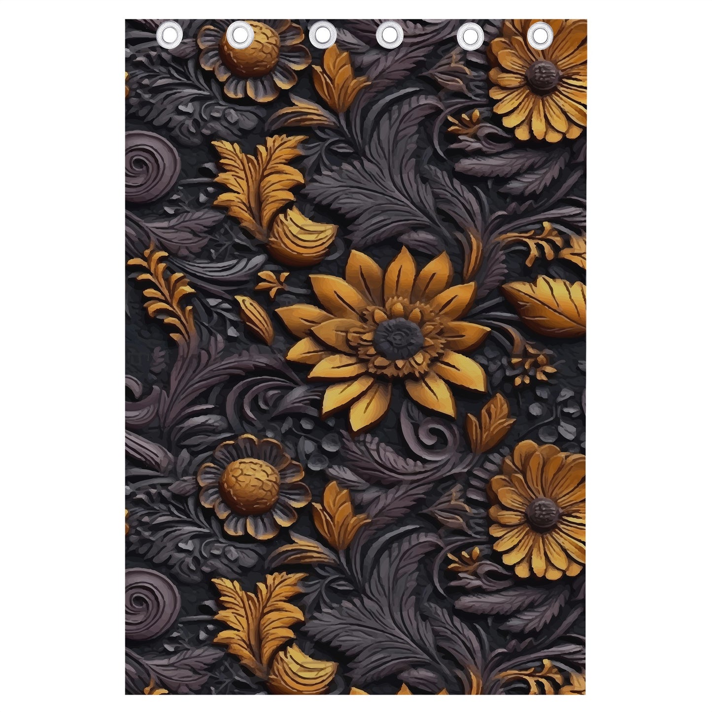 Gold Flowers Woodcut Curtains Long