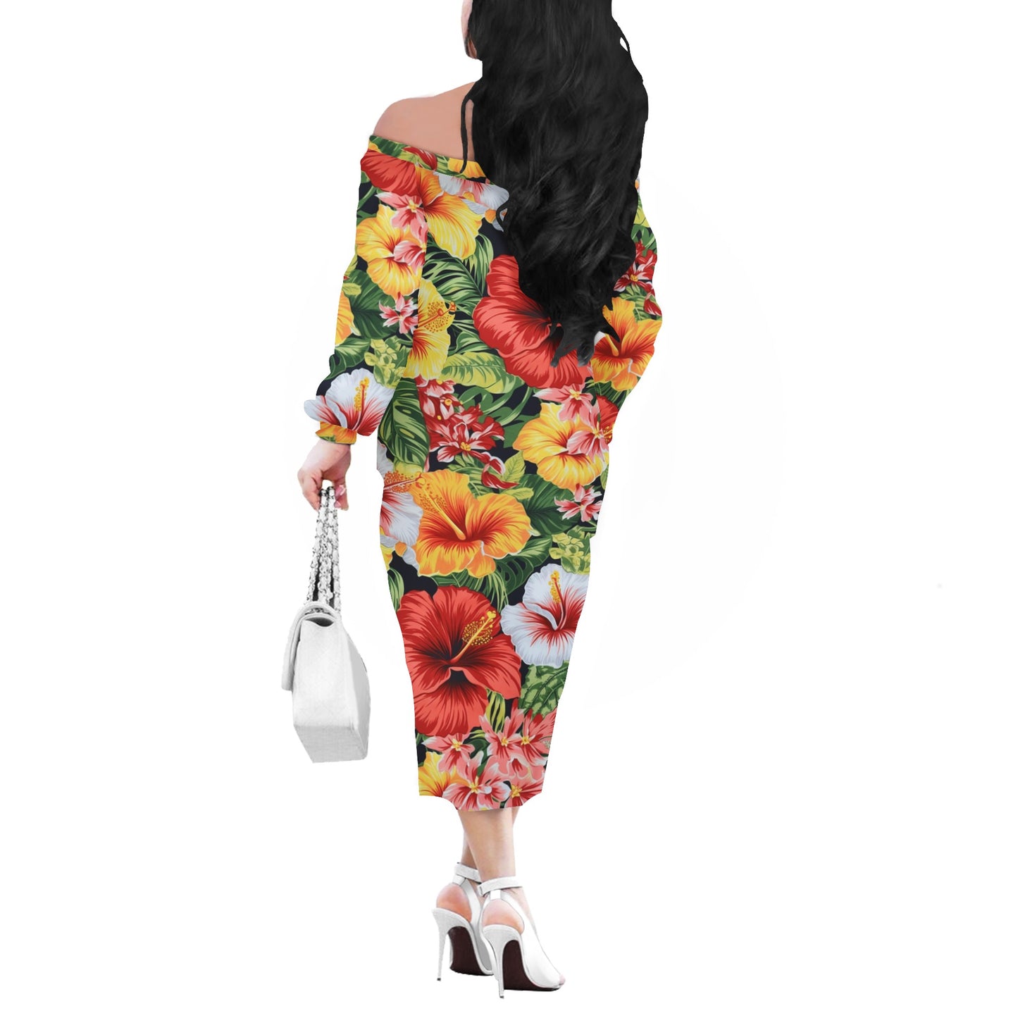 Hibiscus Women's Long Sleeve Off-Shoulder Dress - Floral Elegance, Perfect for Dinners and Special Occasions