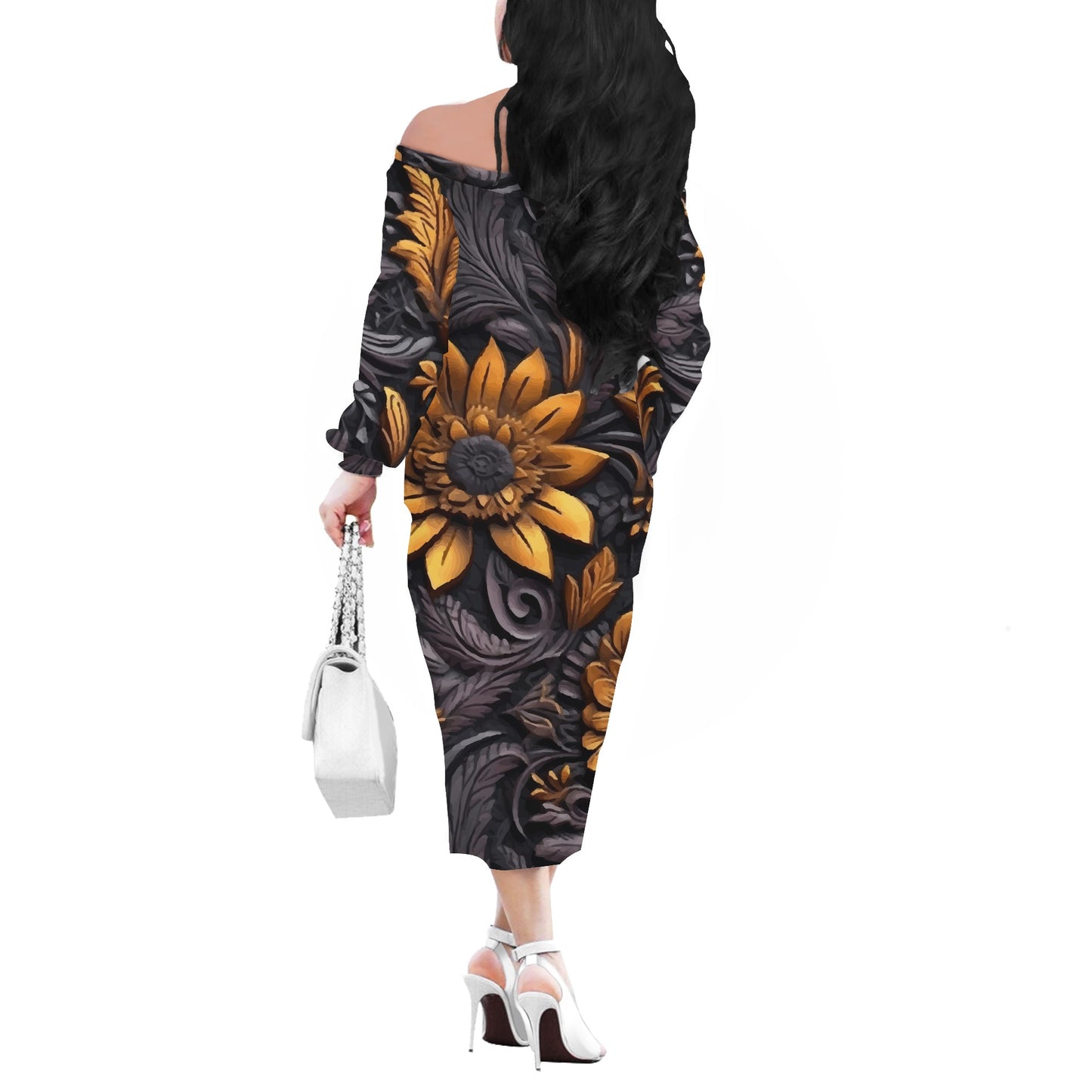 Gold Flowers Woodcut Elegant Long Sleeve Off-Shoulder Dress | Versatile & Luxurious | Handmade to Order |