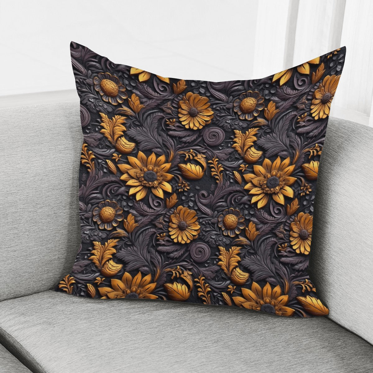 Gold Flowers Woodcut Pillow Cover