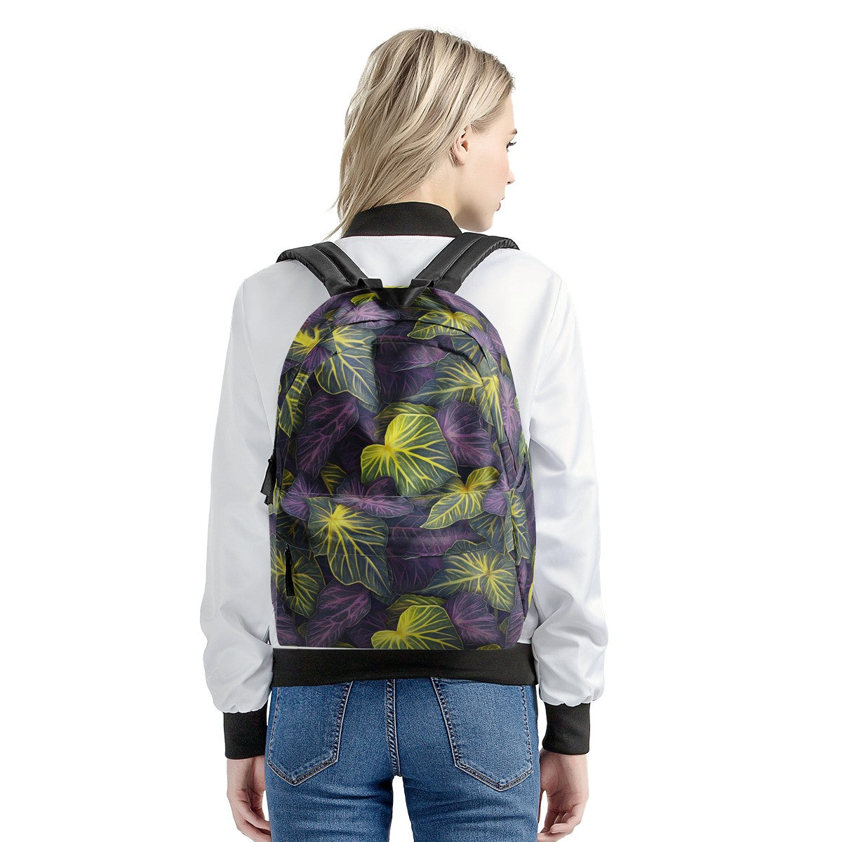 Luxtrini Iridescent Syngonium: Purple and Yellow All Over Print Cotton Backpack