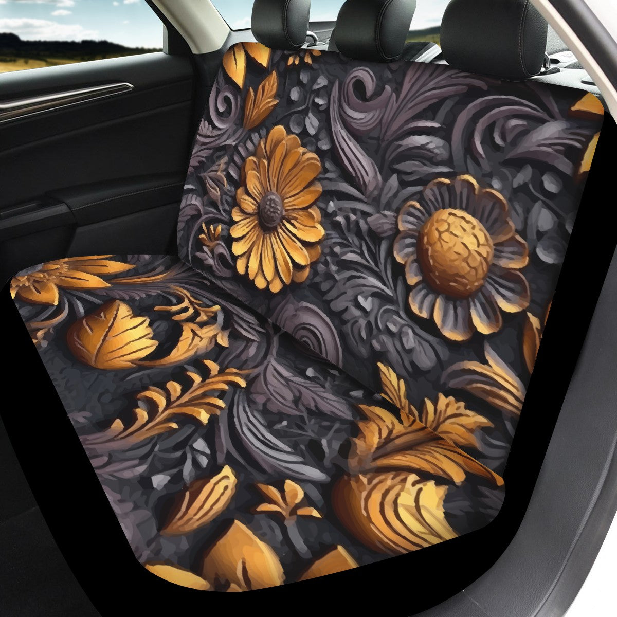 Gold Flowers Woodcut Car Seat Cover Set