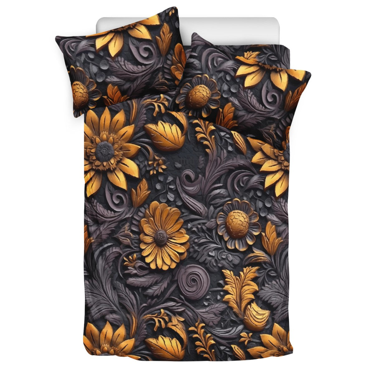 Gold Flowers Woodcut 3 Pcs Beddings