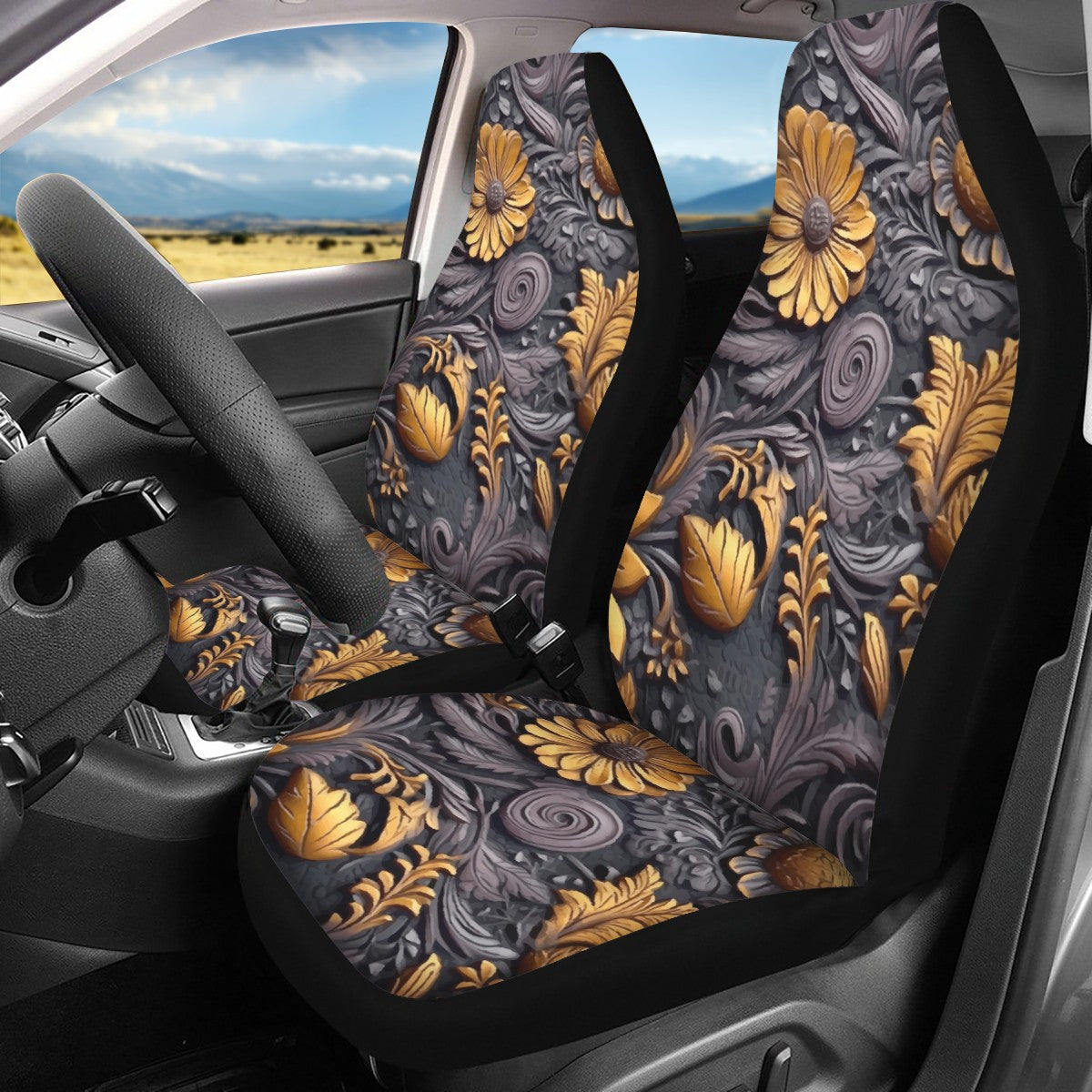 Gold Flowers Woodcut Car Seat Covers