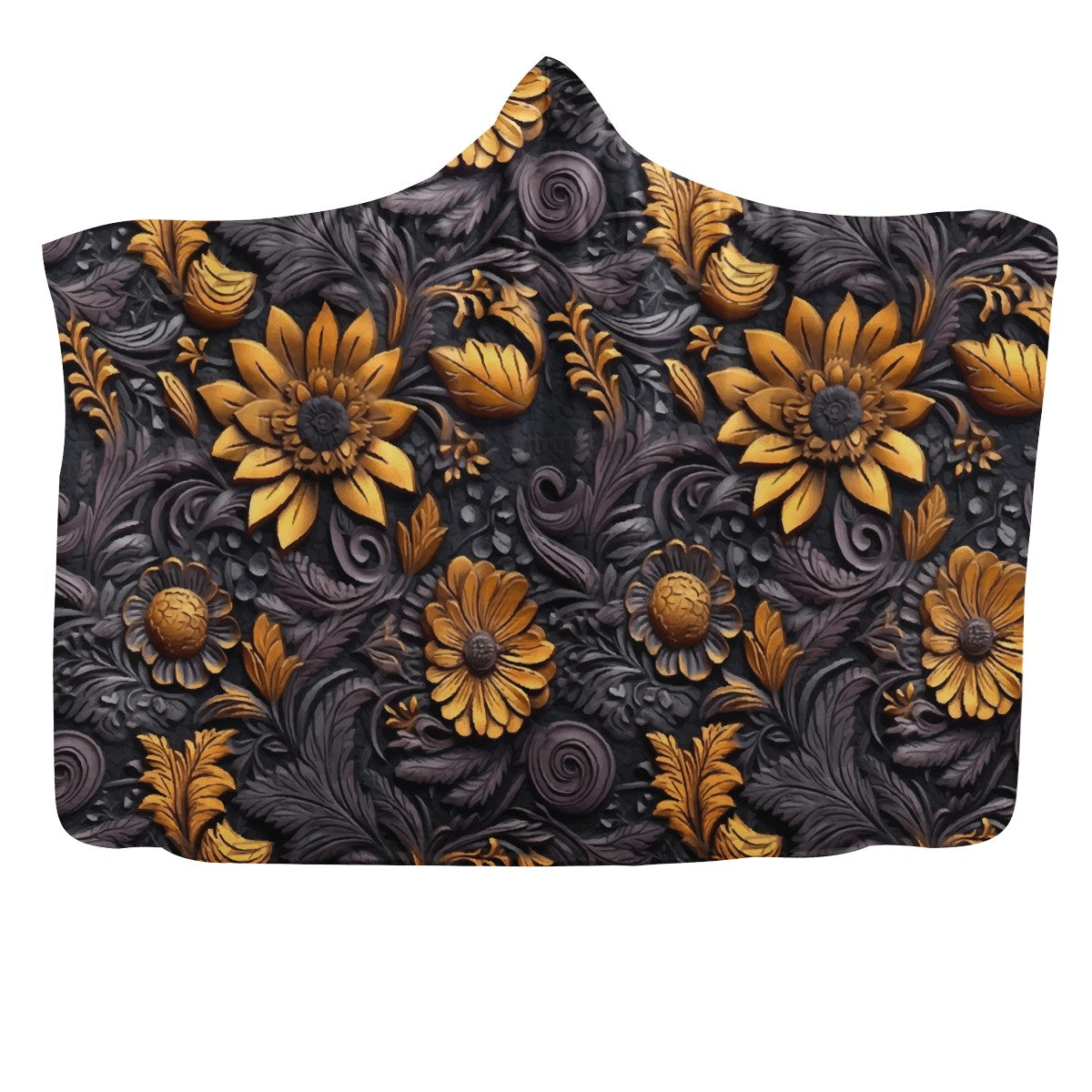 Gold Flowers Woodcut Hooded Blanket