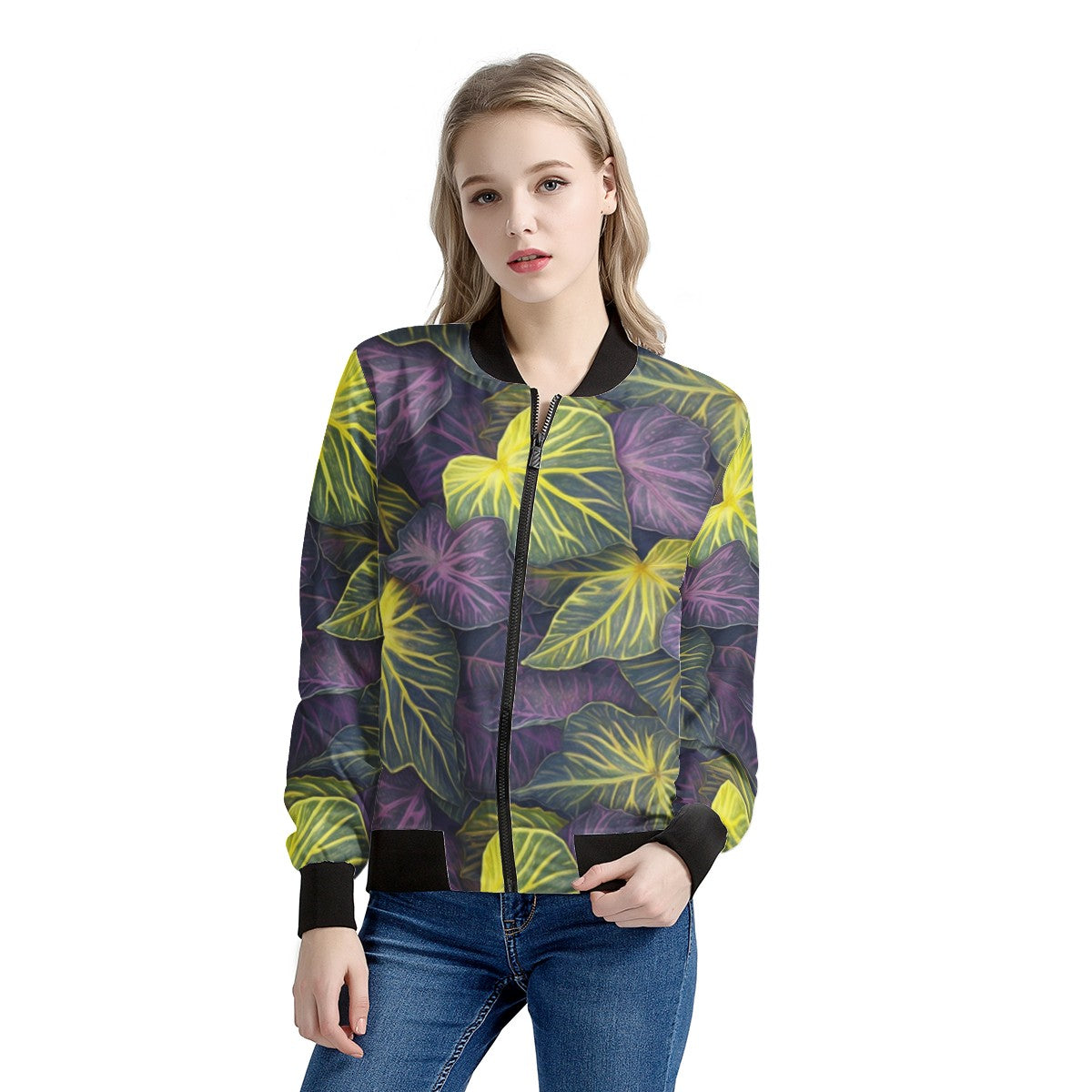 Luxtrini Iridescent Syngonium: Purple and Yellow Women's Bomber Jacket