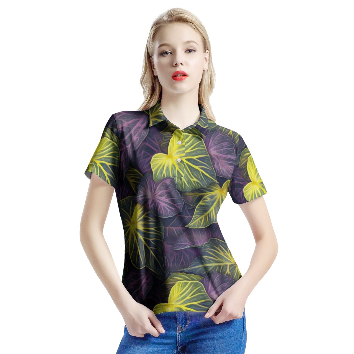 Luxtrini Iridescent Syngonium: Purple and Yellow Women's All Over Print Polo Shirt