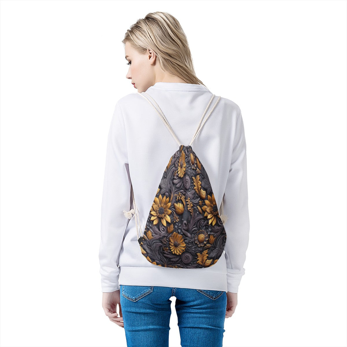 Gold Flowers Woodcut Drawstring Bags