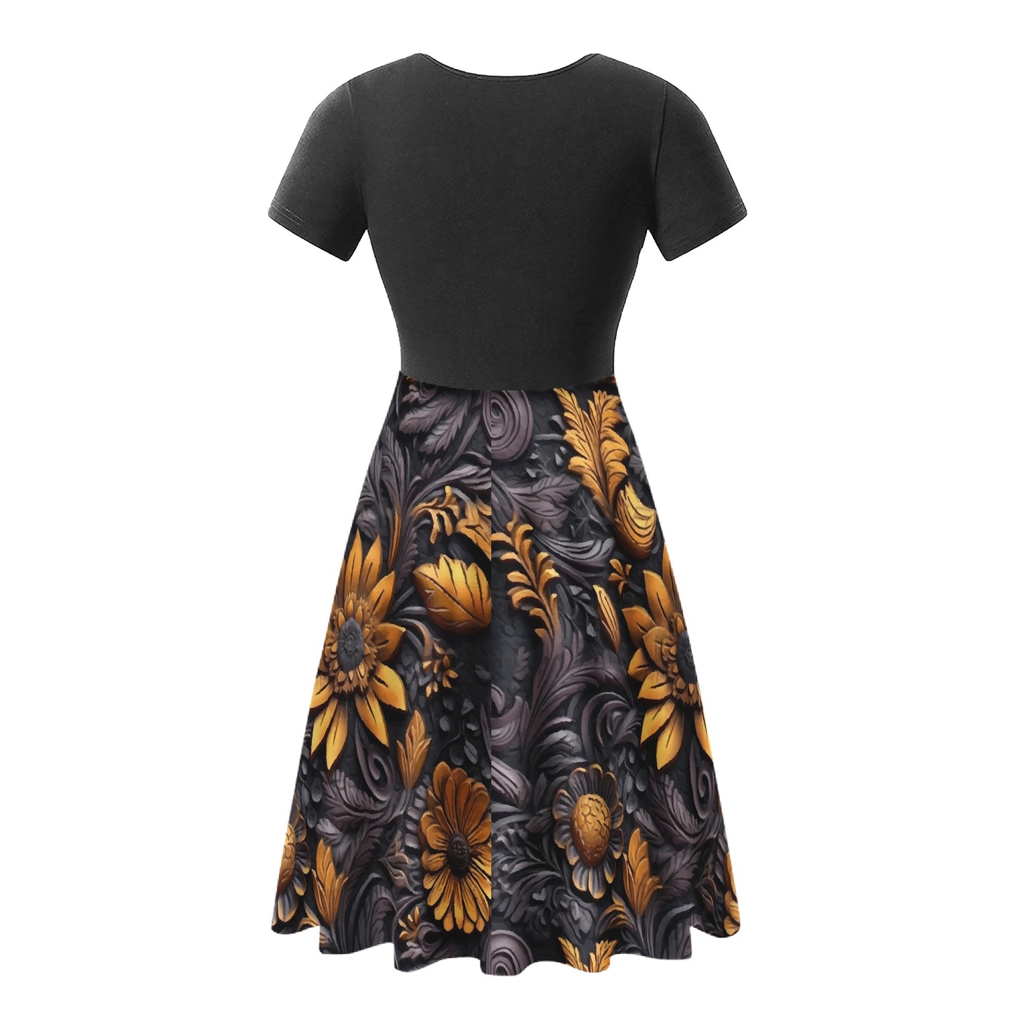 Gold Flowers Woodcut Black V-Neck Ruffle Bottom Dress