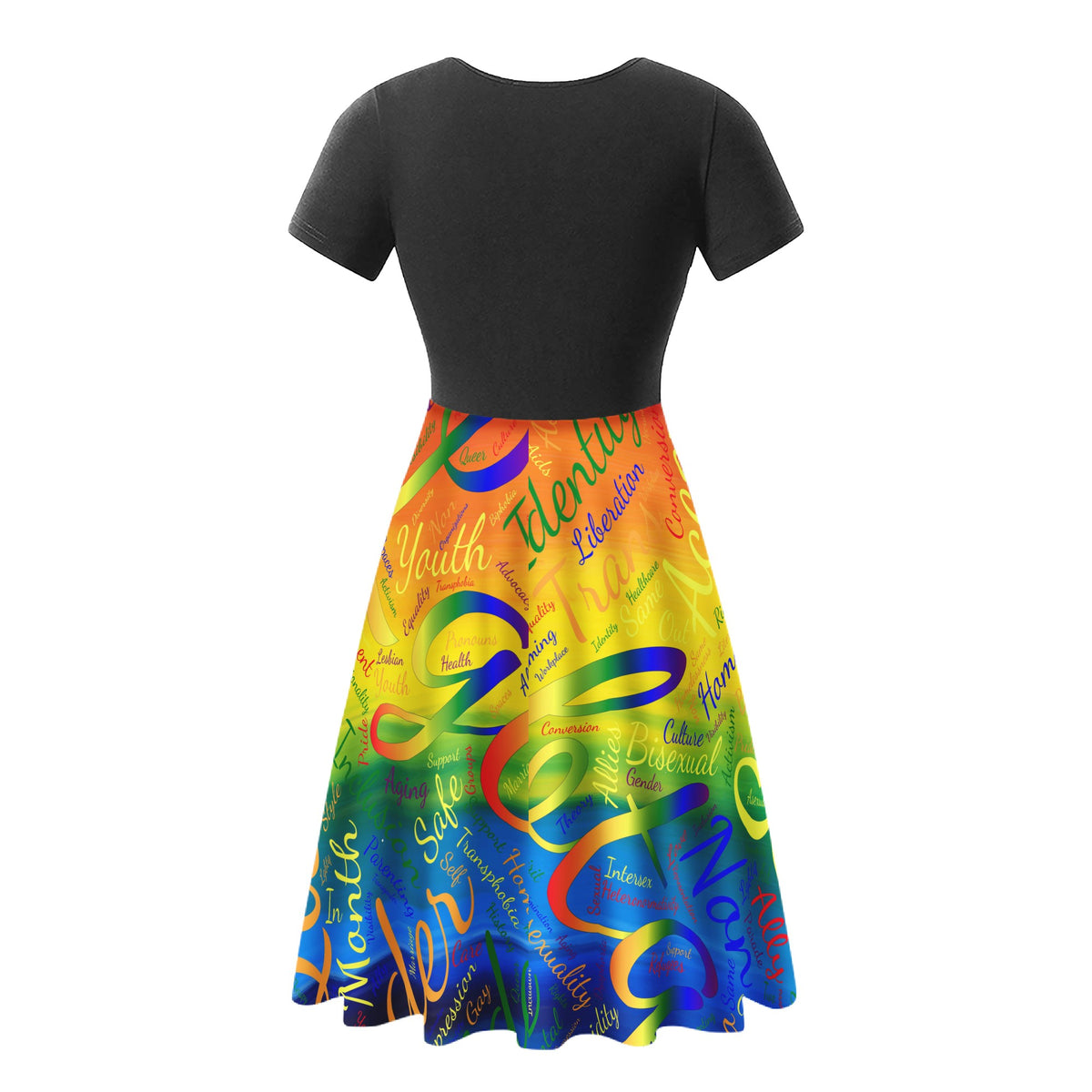LGBTQ Word Cloud Black V-Neck Ruffle Bottom Dress