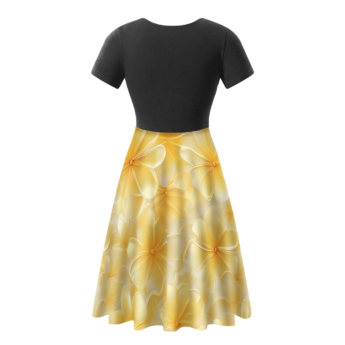 Yellow Plumeria Black V-Neck Ruffle Bottom Dress