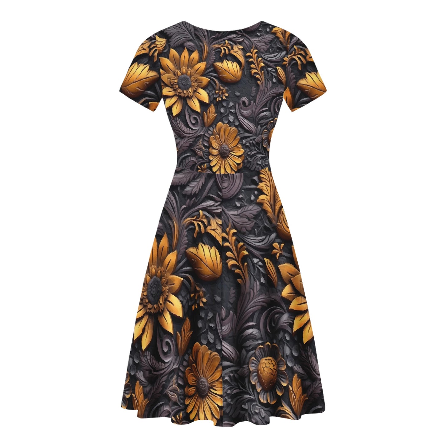 Gold Flowers Woodcut Women Ruffle Bottom Dress