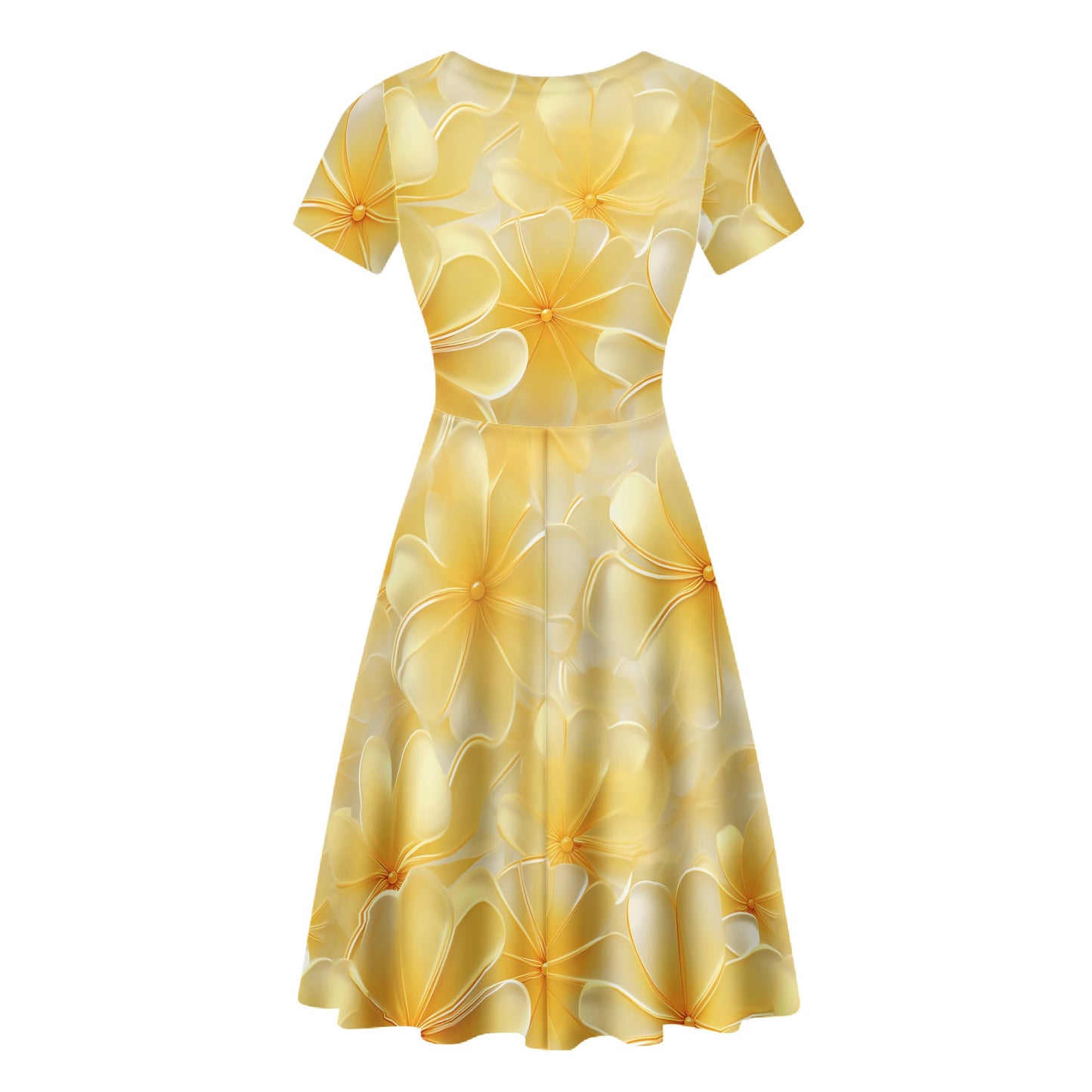 Luxtrini Yellow Plumeria Ruffle Bottom Dress - Handmade V-Neck Sexy Print, Office, Party & Casual Wear