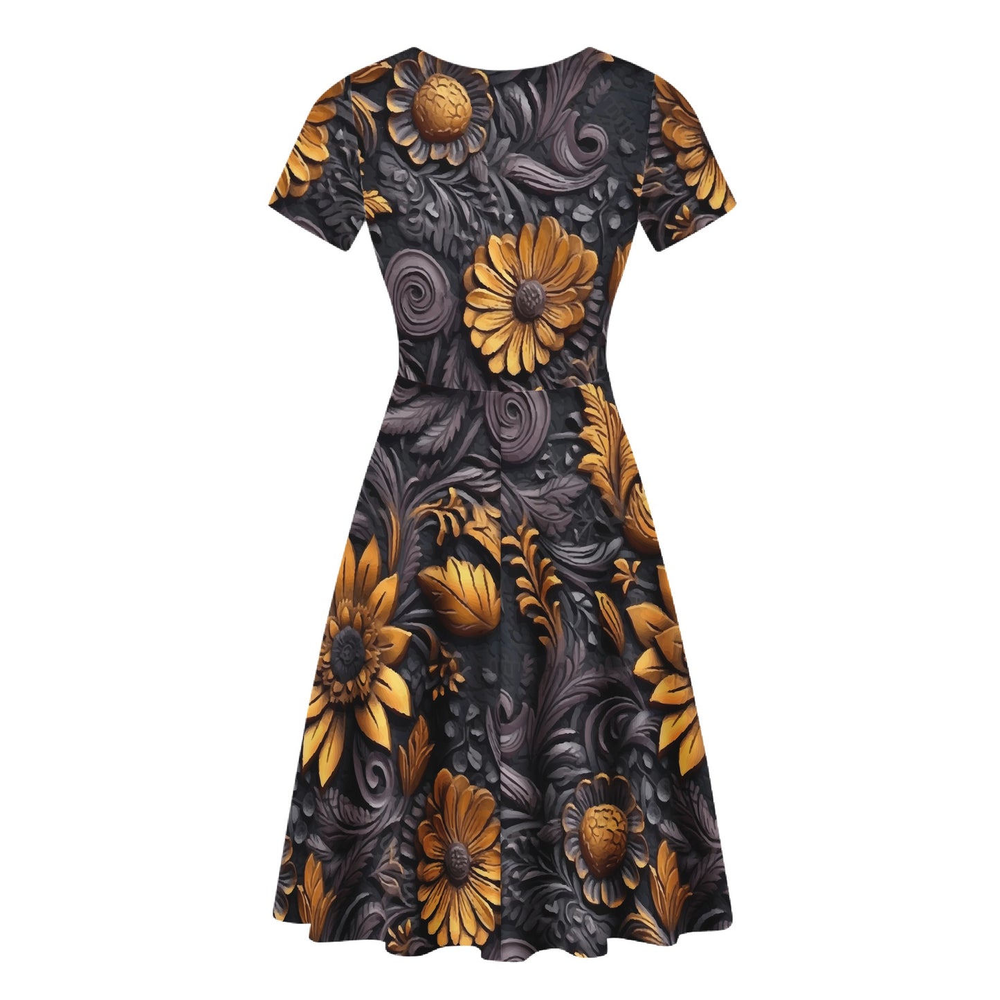 Gold Flowers Woodcut Women's Scoop Neck Ruffle Dress - Perfect for Office, Party, and Casual Wear