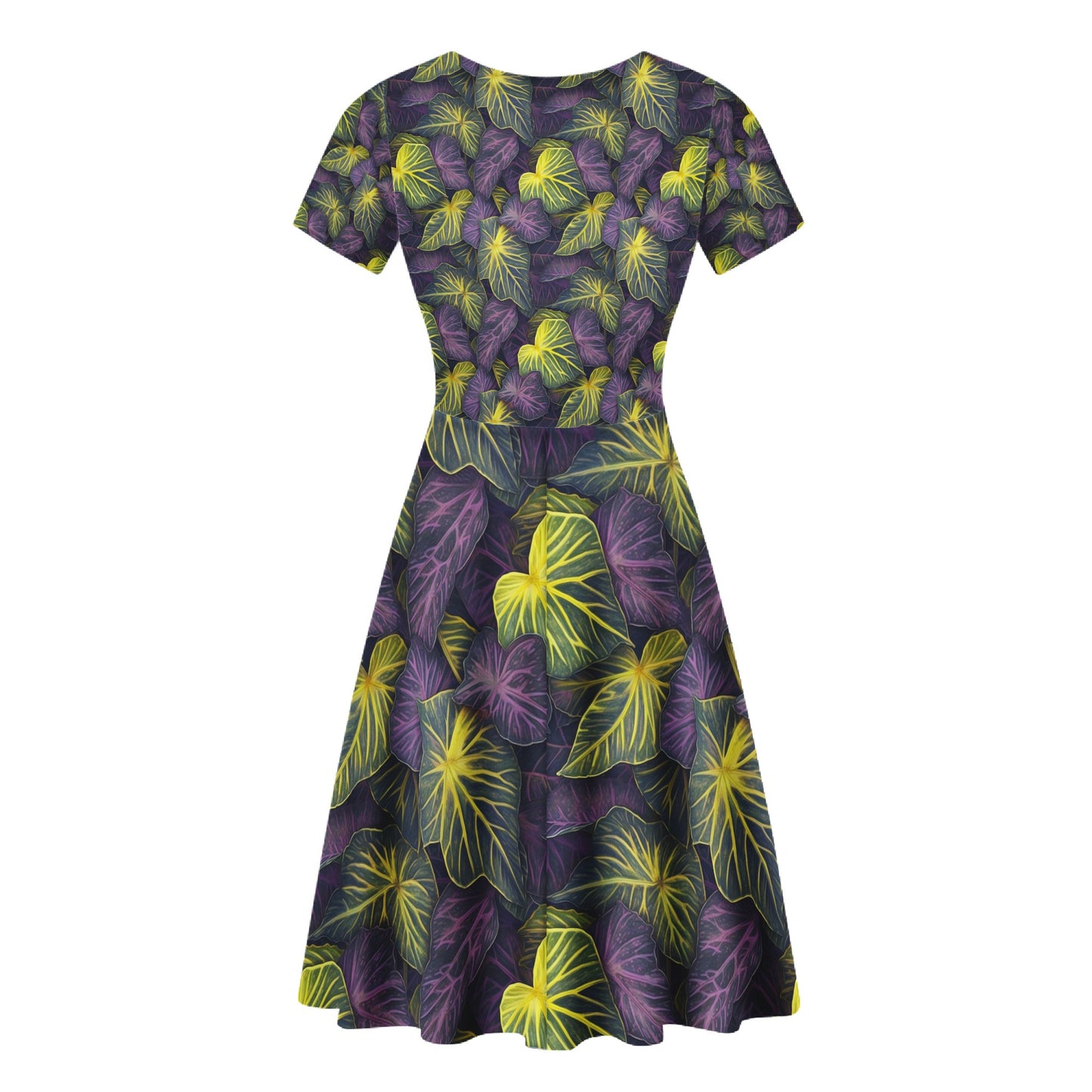 Luxtrini Iridescent Syngonium: Purple and Yellow Women Scoop Neck Ruffle Dress