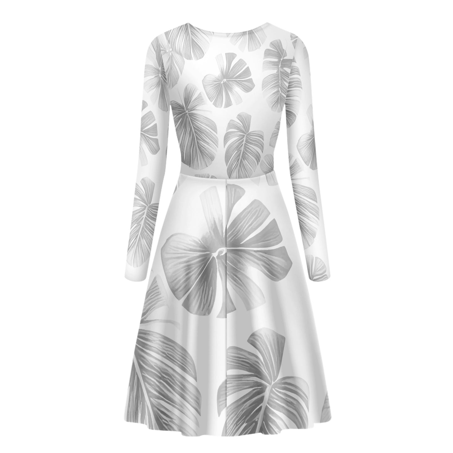 White Monstera Women V-Neck Long Sleeve Ruffle Dress