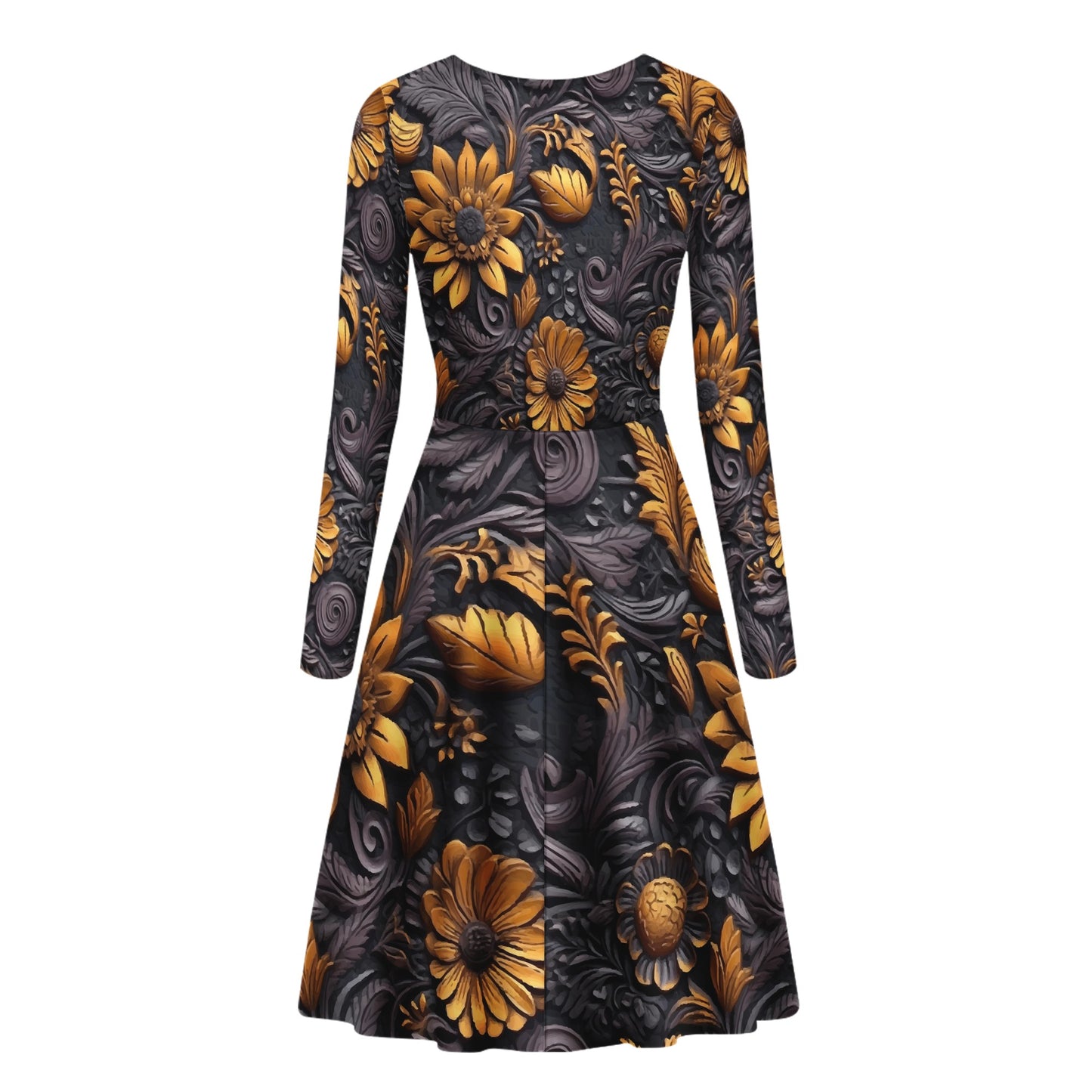Gold Flowers Woodcut Women Long Sleeve Ruffle Dress