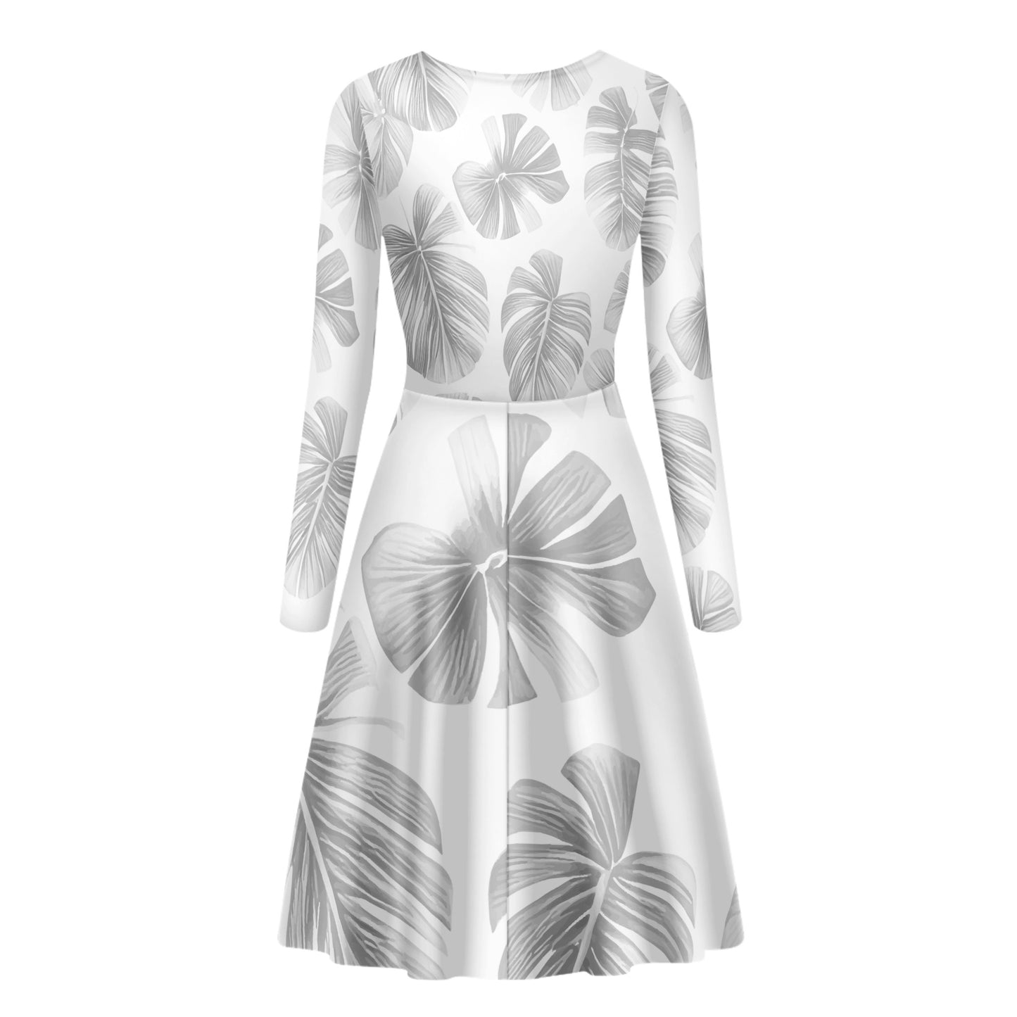 White Monstera Women Long Sleeve Ruffle Dress