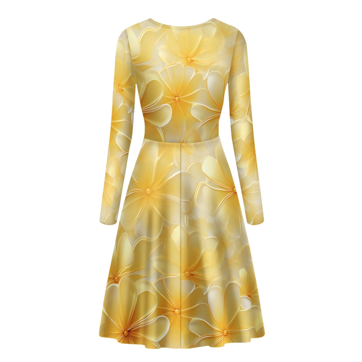 Yellow Plumeria Women Long Sleeve Ruffle Dress