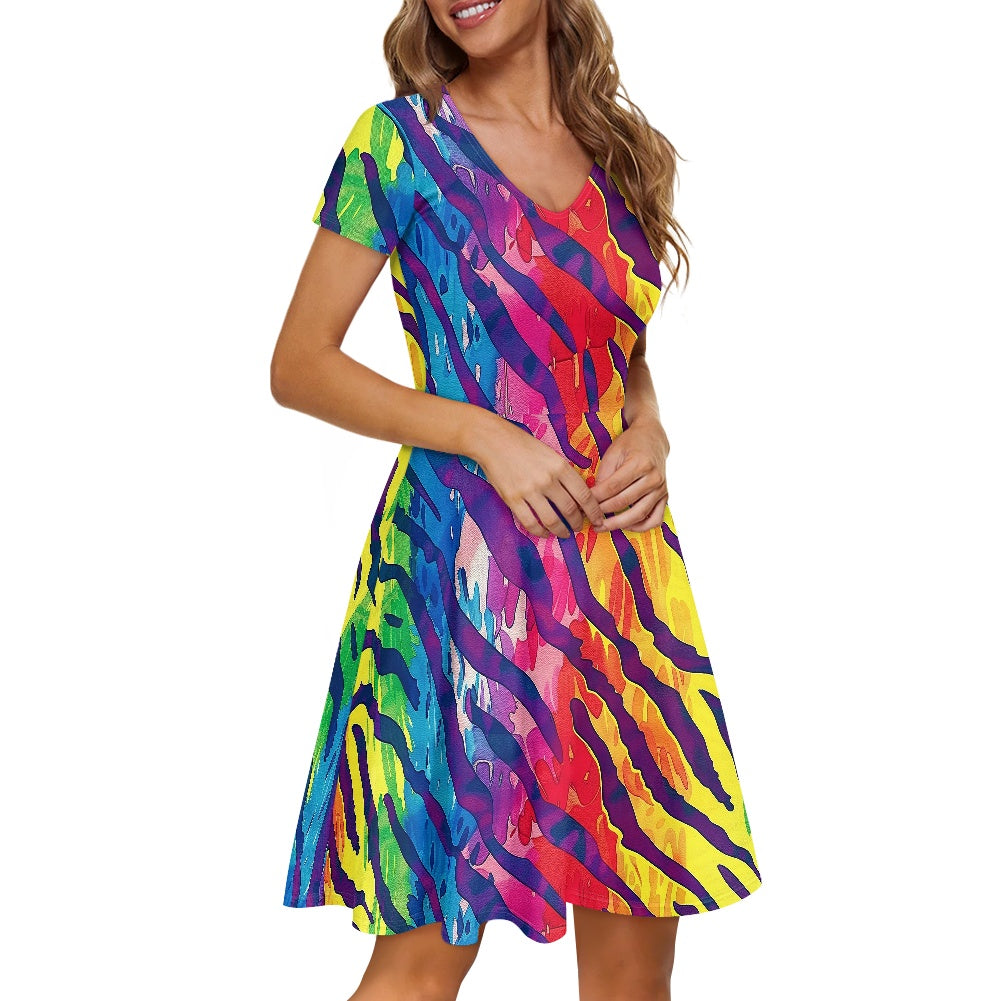 Animal Skin Rainbow Women V-Neck Short Sleeve Ruffle Dress