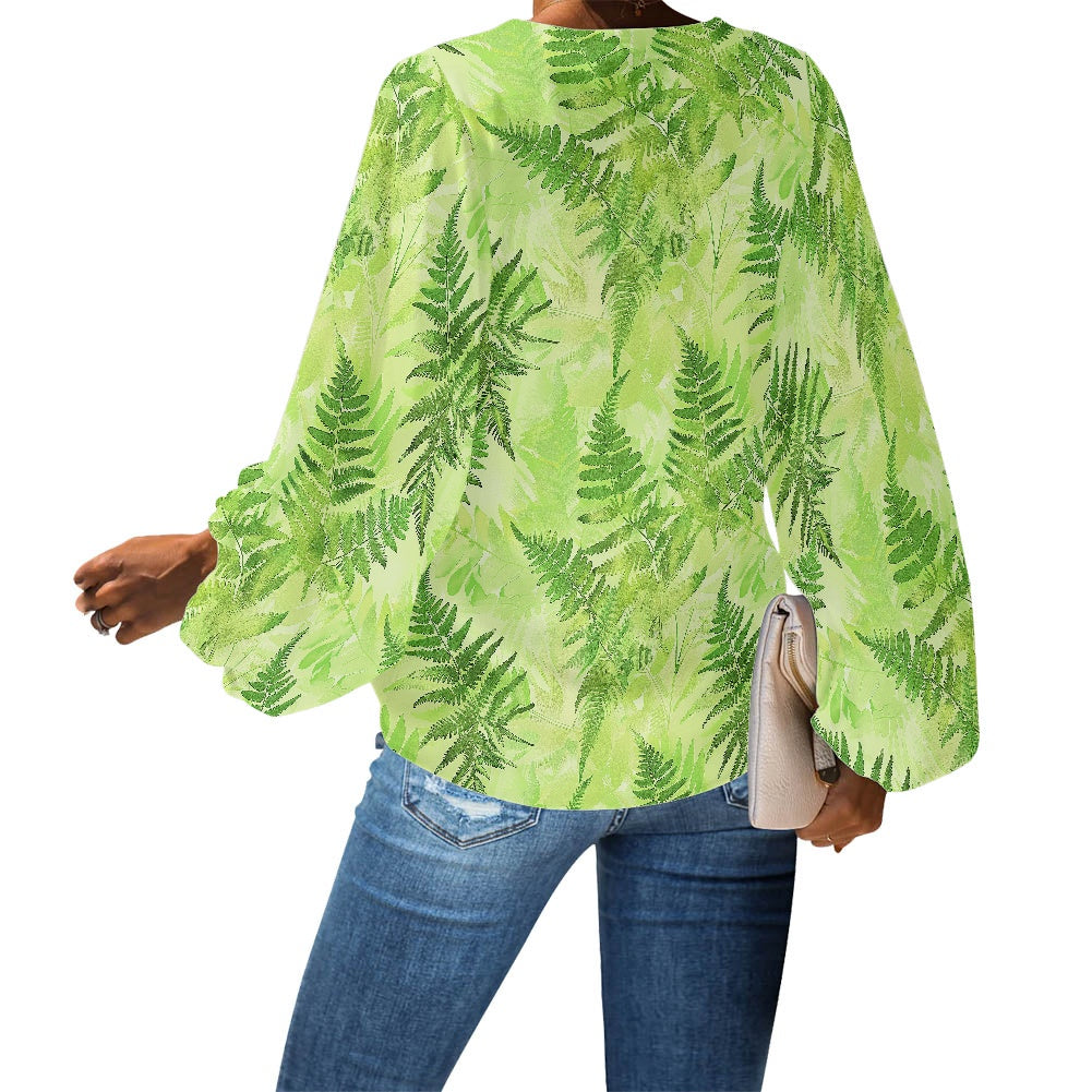 Palapalai V-Neck Women Puff Sleeve Chiffon Blouse