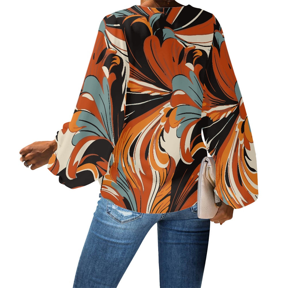 Swirling Orange and Blue Abstract V-Neck Chiffon Puff Sleeve Blouse by Luxtrini