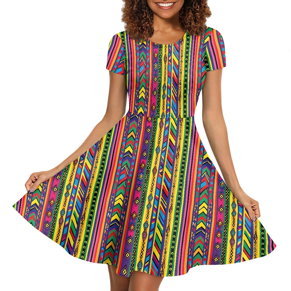 Women's Scoop Neck Short Sleeve Ruffle Dress with Ethnic and Cultural Patterns - Navajo Inspired, Vibrant Storytelling Fashion