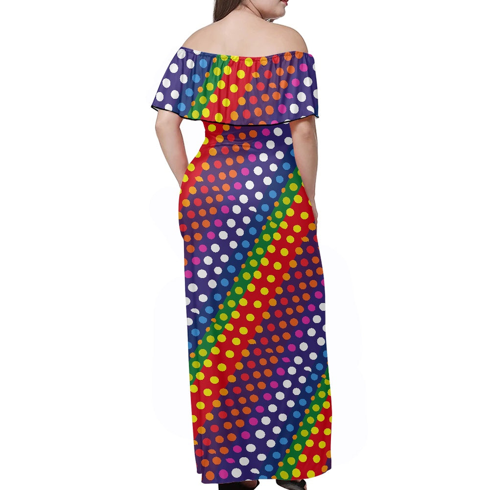 LGBTQ-Friendly Rainbow Polka Dot Women's Off The Shoulder Short Sleeve Dress by Luxtrini