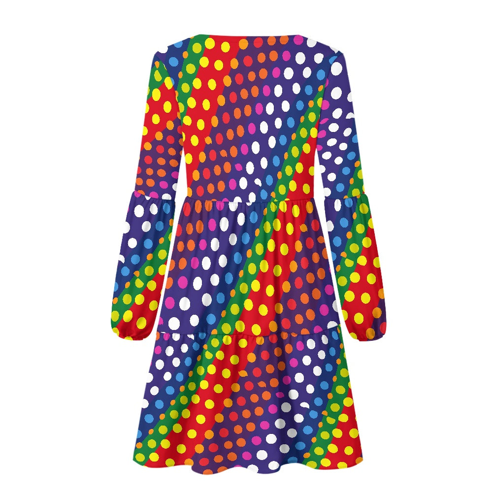 LGBTQ-Friendly Rainbow Polka Dot Playful V-Neck Mini Dress with Ruffled Hem and Puffed Long Sleeves by Luxtrini