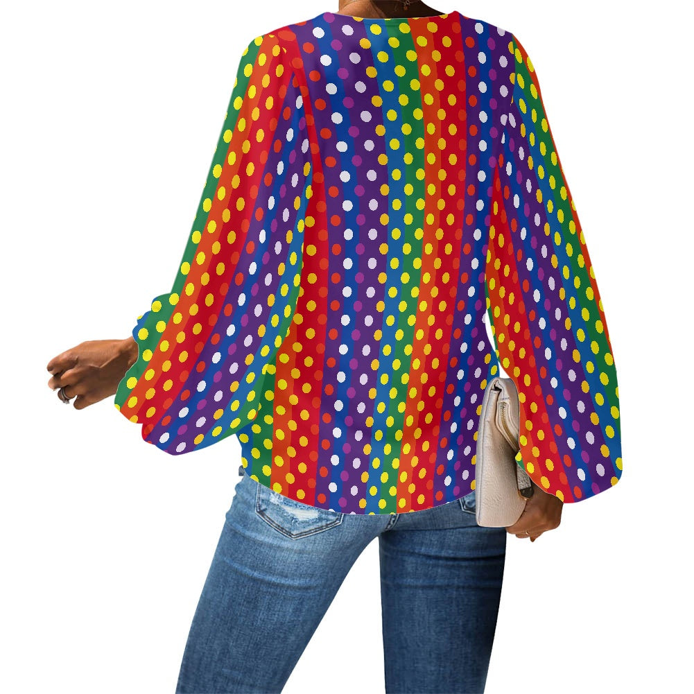 Rainbow Polka Dot V-Neck Chiffon Puff Sleeve Blouse by Luxtrini