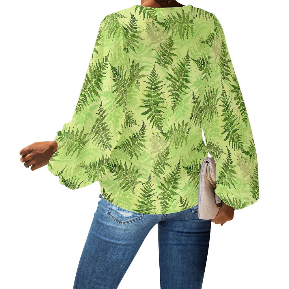 Palapalai V-Neck Women Puff Sleeve Chiffon Blouse