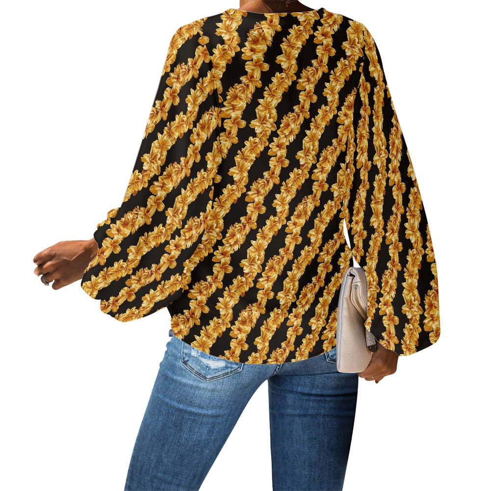 Golden Puakenikeni Leis V-Neck Chiffon Puff Sleeve Blouse by Luxtrini