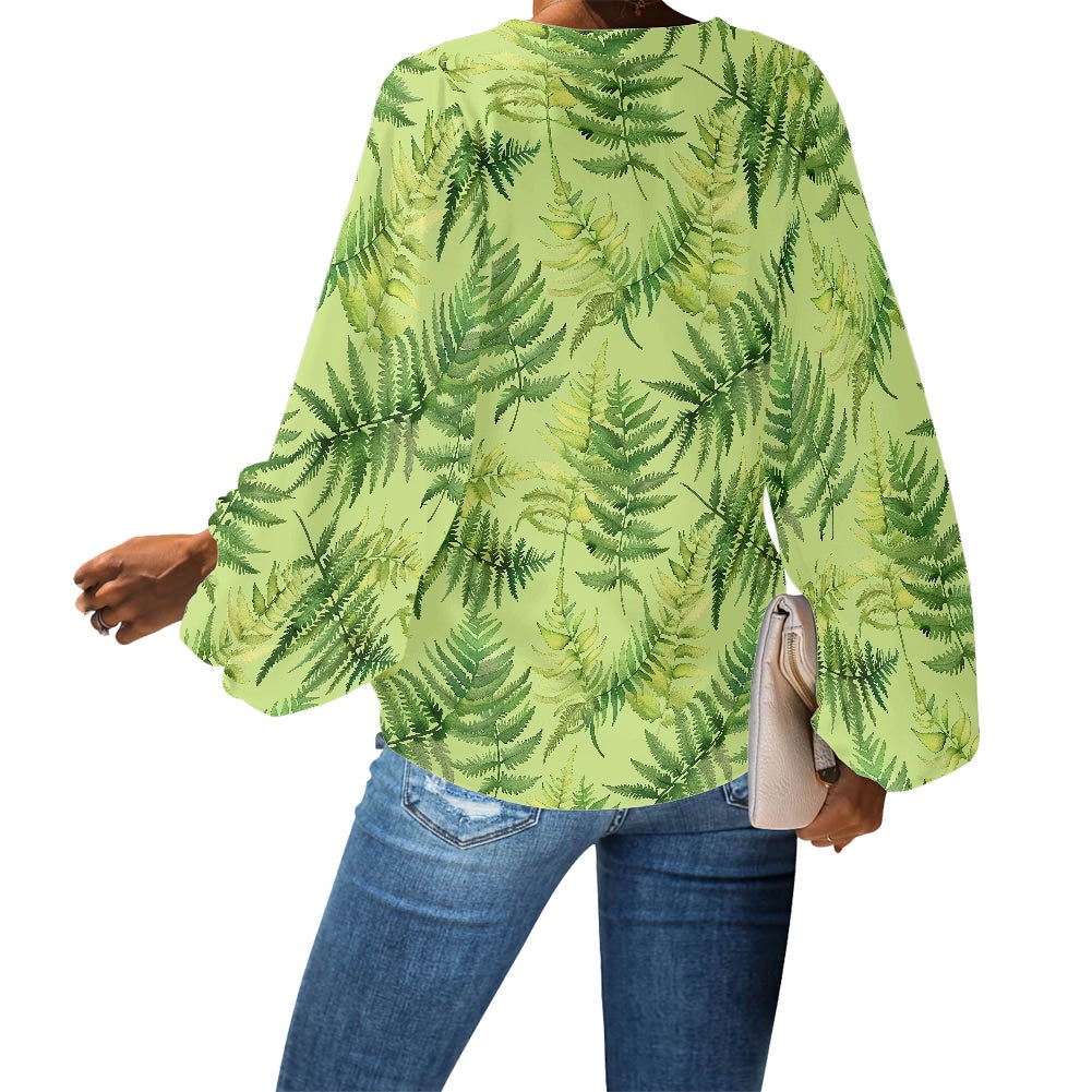 Palapalai V-Neck Women Puff Sleeve Chiffon Blouse