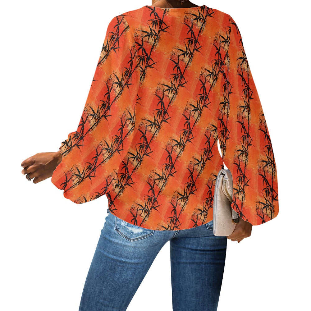 Bamboo at Sunset V-Neck Women Puff Sleeve Chiffon Blouse by Luxtrini