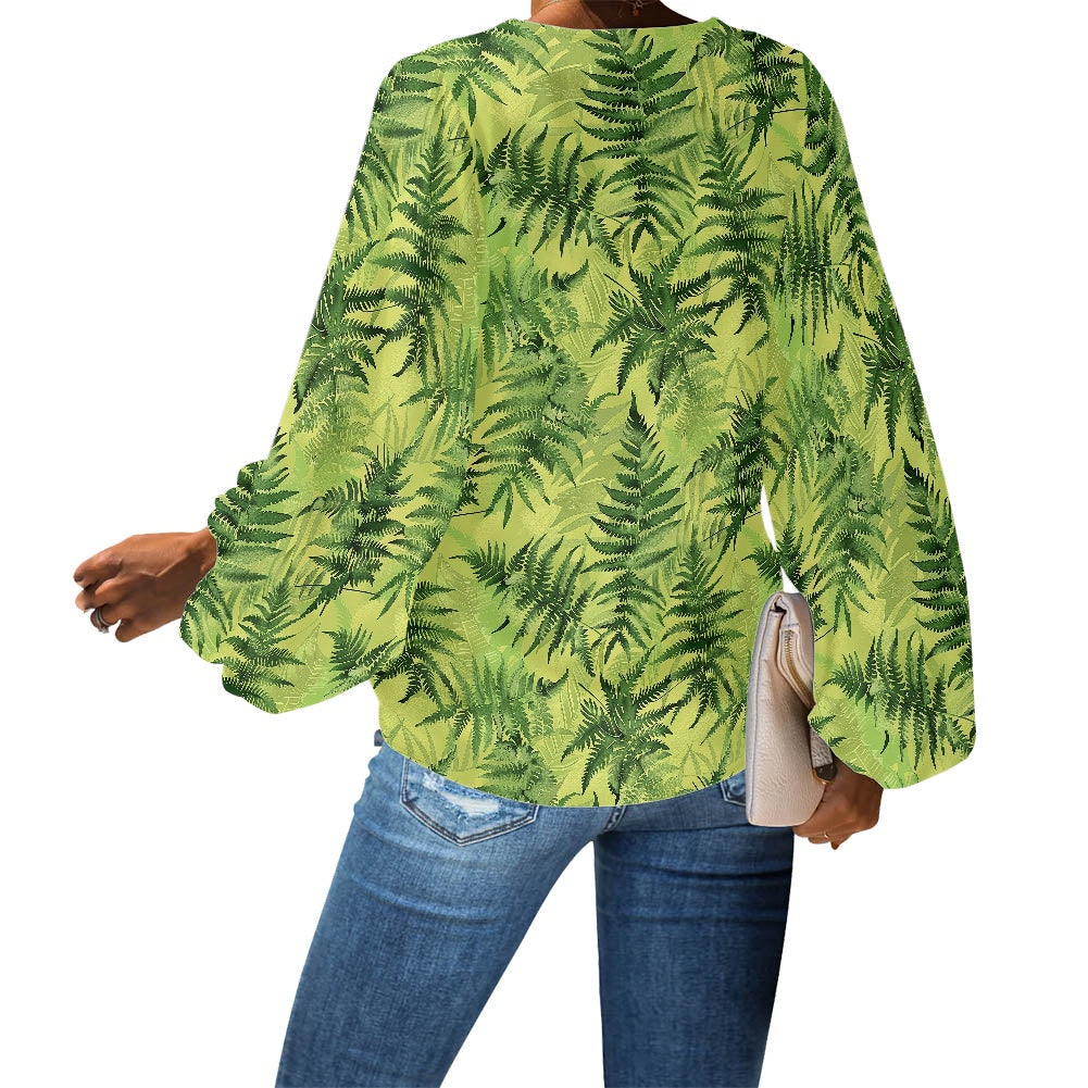 Palapalai V-Neck Women Puff Sleeve Chiffon Blouse