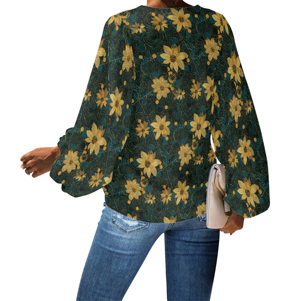Floral V-Neck Puff Sleeve Chiffon Blouse