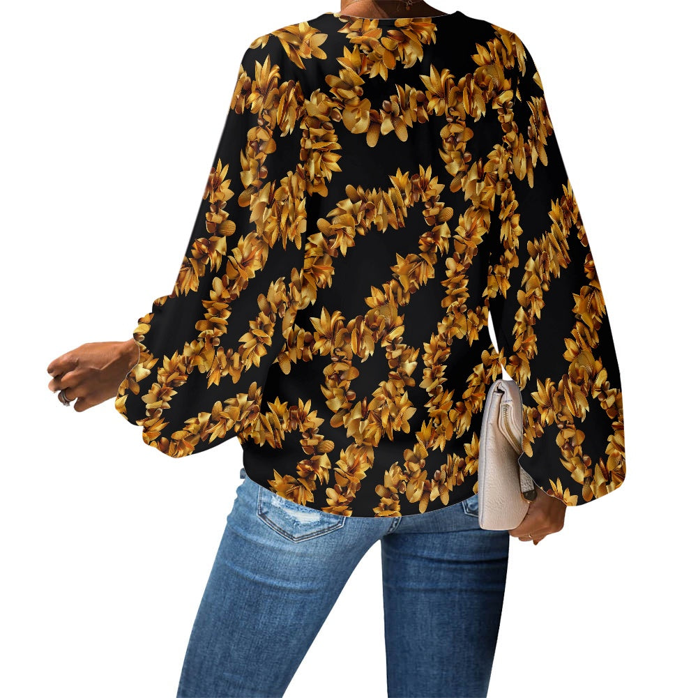 Golden Blossom Boho Chic Blouse – Casual and Dressy Women’s Floral Top V-Neck Chiffon Puff Sleeve Blouse by Luxtrini