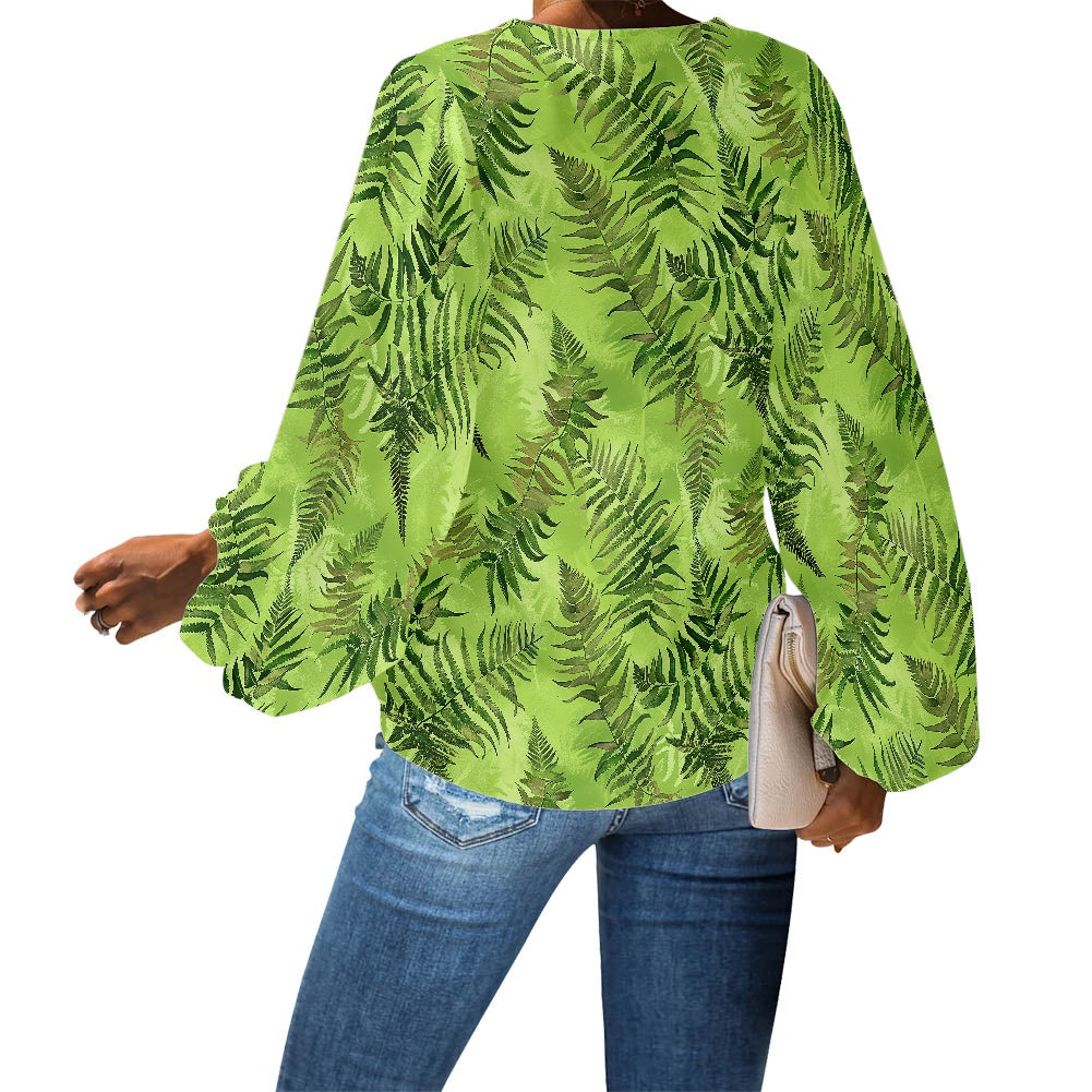 Palapalai V-Neck Women Puff Sleeve Chiffon Blouse