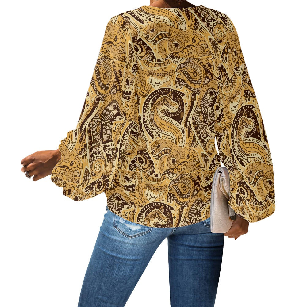 Brown and Gold Bohemian Print Blouse – Casual and Elegant Batwing Top V-Neck Chiffon Puff Sleeve Blouse by Luxtrini