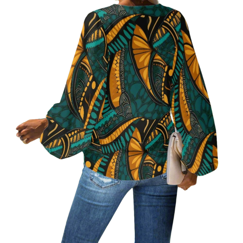 African Ethnic V-Neck Puff Sleeve Chiffon Blouse