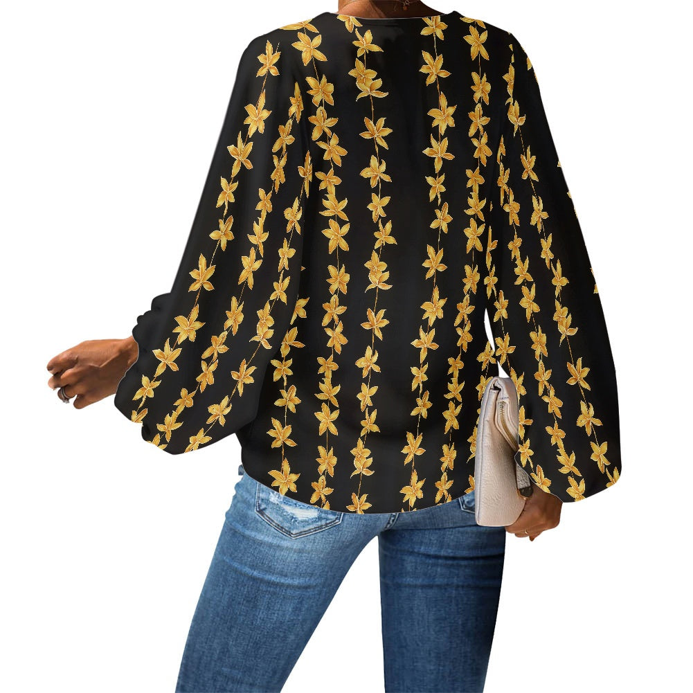 Luxtrini Black and Gold Floral Blouse – Lightweight V-Neck Chiffon Top Puff Sleeve Blouse by Luxtrini