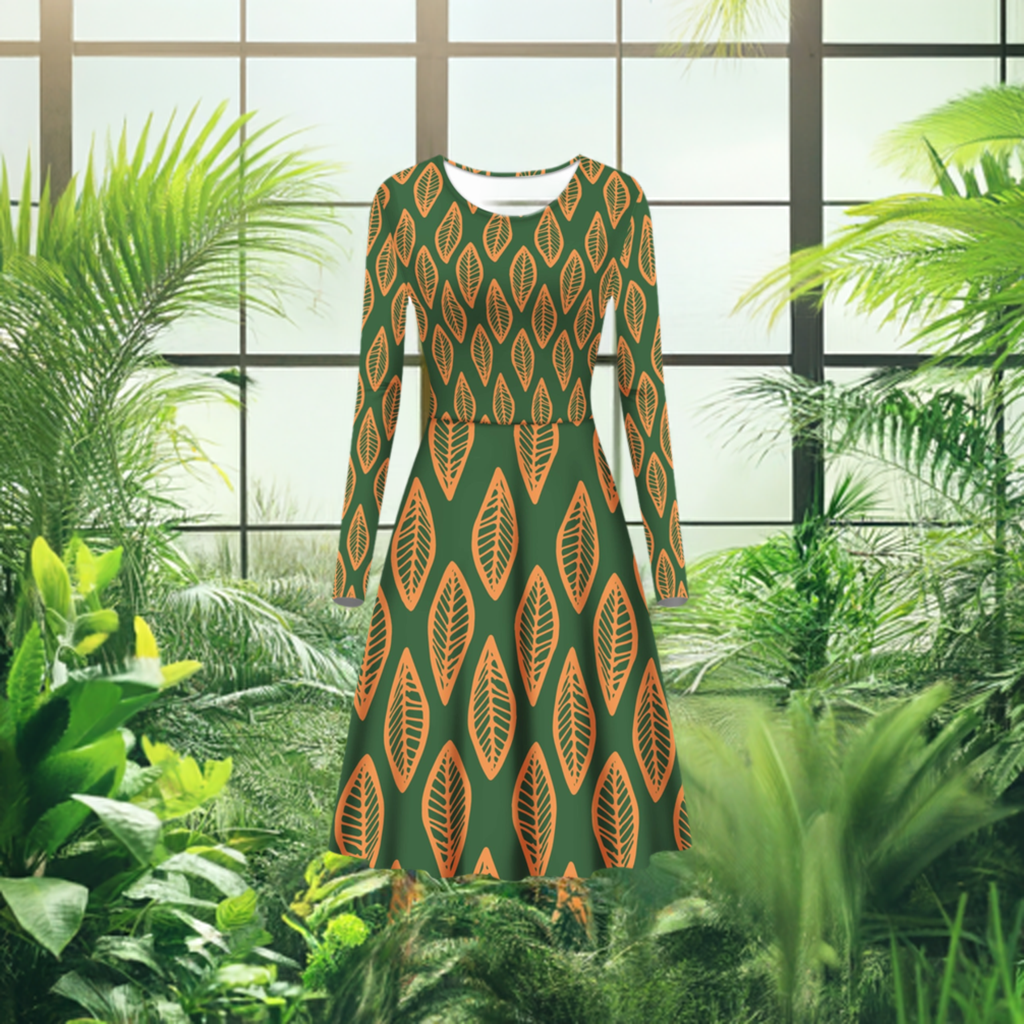 African Mud Cloth #16 Green and Orange Women Long Sleeve Scoop Neck Ruffle Dress - Women's Custom Dress