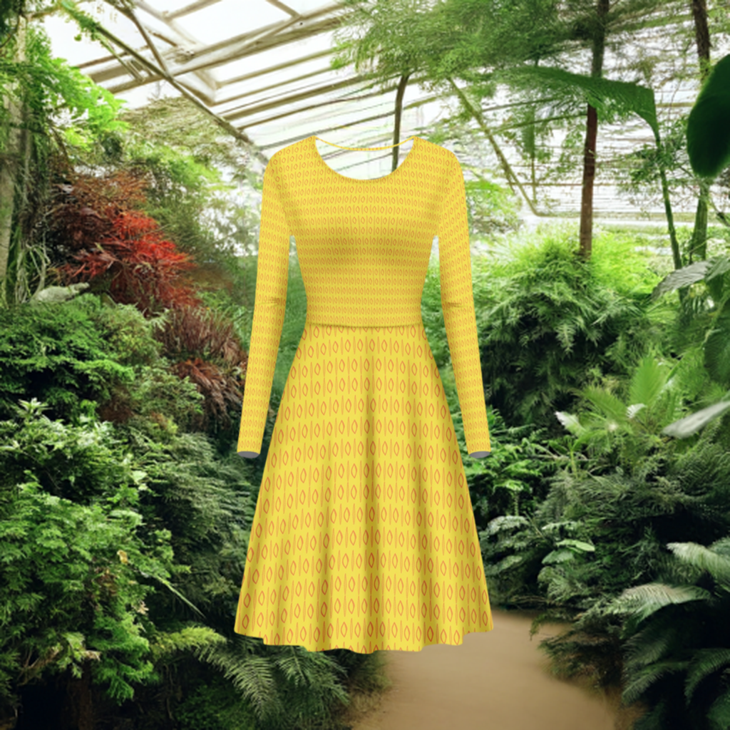 African Mudcloth #14 Yellow Women Long Sleeve Scoop Neck Ruffle Dress - Women's Custom Dress